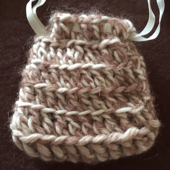 HAND CRAFTED 3 Mini Bags Boho Drawstring Crochet Tan Black Red - Picture 3 of 12